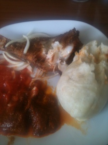 Scrumptious sea bream, banku and peppers.